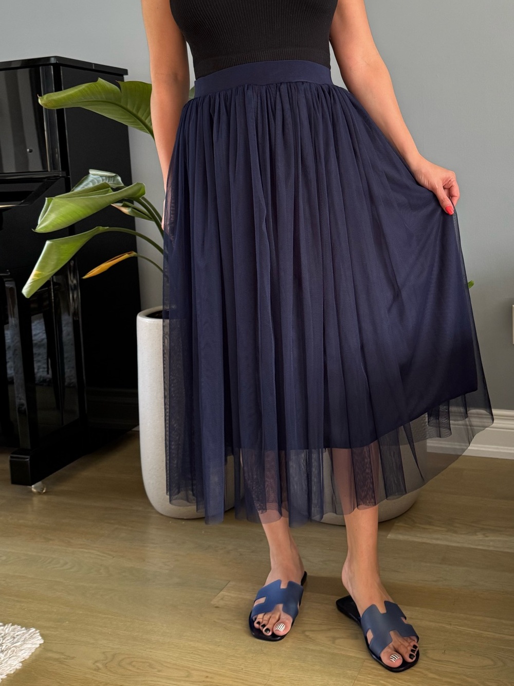 Navy Tulle Midi Skirt - Women free size